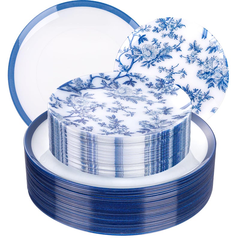 EI 60pcs Blue Plastic Plates Disposable Heavy Duty White with Blue Floral1025inch Dinner Plate and 75inch Dessert PlateDisposable Plastic Plates for PartyBirthdayWeddingValueMore Heavy